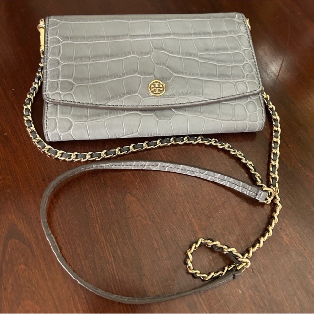 Tory Burch Gray Crossbody Bag with Gold Chain